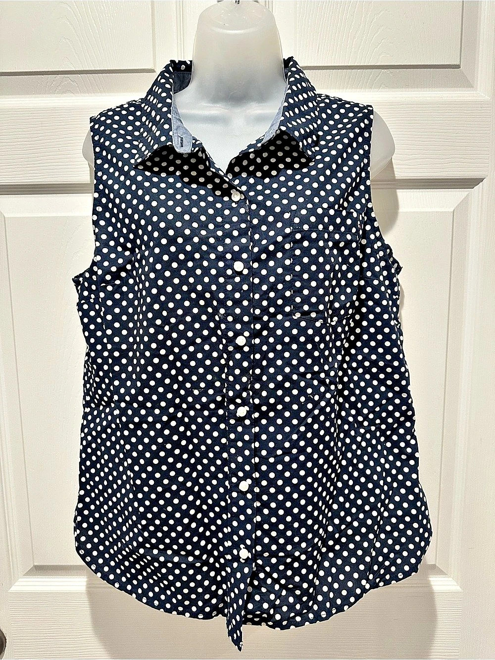 Tommy Hilfiger Polka Dot Cotton Sleeveless Button Down Navy White Size Large